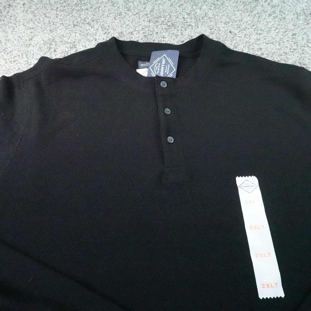 NEW St Johns Bay Shirt Mens 2XLT Black Waffle Knit Thermal Henley Long Sleeve